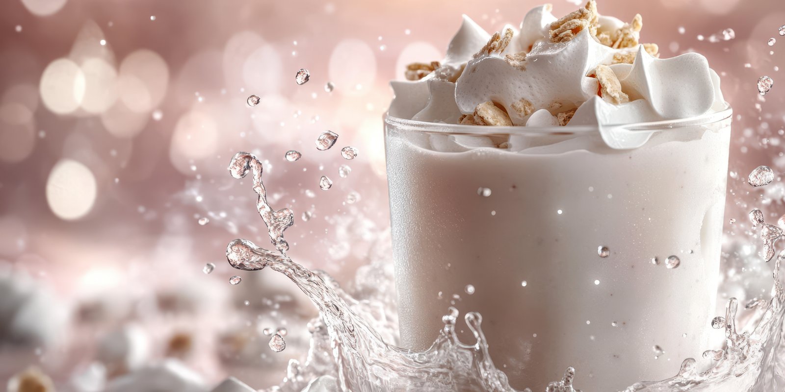 Creamy dessert topped with popcorn makes a splash against a soft pink background